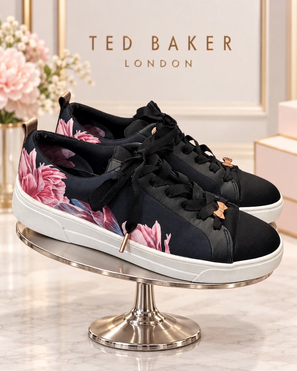 Ted Baker Ahfira 2 Black Floral Ribbon Lace Sneakers Women’s 6.5 EU 37
